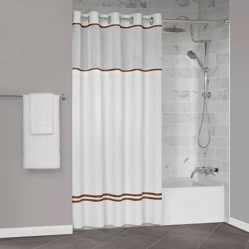 Protect360° Satin Ribbon Shower Curtain, Snap-in Liner, Hook Free, Antimicrobial, 71x74, White/Brown